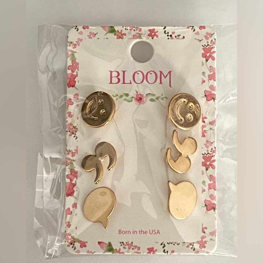 Bloom gold tone emoji earrings set 3 pair